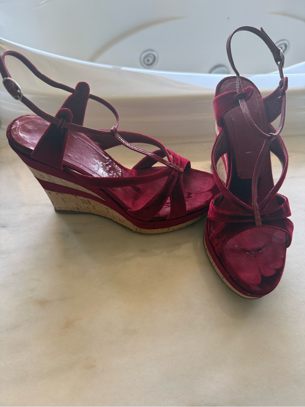 Casadei Burgundy Velvet Cork Wedge Sandals Made in Italy Size 8.5